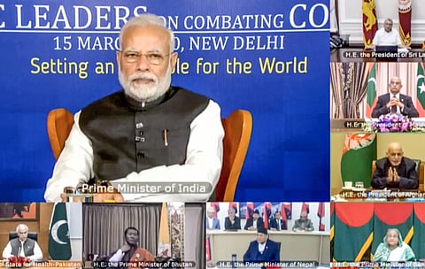 Prime Minister Narendra Modi during a video conference with South Asian Association for Regional Cooperation (SAARC) leaders on chalking out a plan to combat the COVID-19 Novel Coronavirus in New Delhi. (Photo | Twitter)