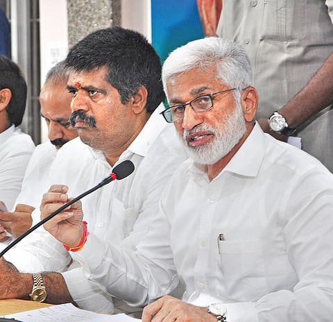 YSRC national general secretary V Vijayasai Reddy speaking at a press conference at the party office in Visakhapatnam. (Photo | G Satyanarayana, EPS)