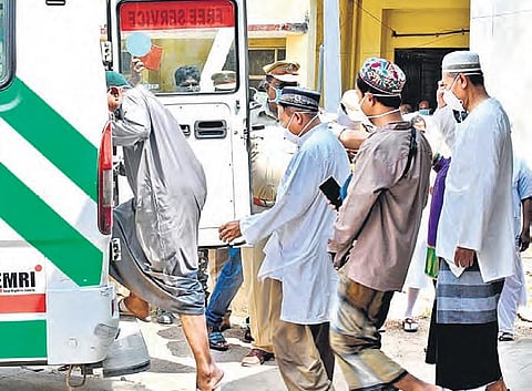 Ten Indonesian nationals, all members of an Islamic organisation who arrived in Karimnagar last Saturday, being shifted to Gandhi Hospital in Hyderabad on Monday, after one of them showed symptoms of Coronavirus