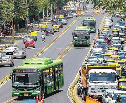 Buses ply on roads as commuters are stuck in a traffic jam at the Bus Rapid Transit (BRT) corridor | File photo