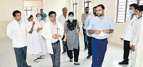 Collector K Shashanka and Health department officials at the Government Civil Hospital in Karimnagar.