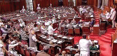 Opposition members protest during the Budget Session of Parliament | PTI