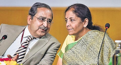 Union Finance Minister Nirmala Sitharaman and Finance Commission member Ashok Lahiri during the 44th Civil Accounts Day in New Delhi on Sunday | PTI