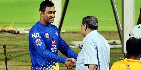 CSK skipper MS Dhoni with former BCCI president N Srinivasan (File Photo | EPS)