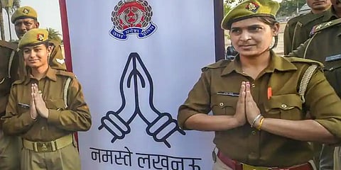 Women police personnel during an inauguration of 'Namaste Lucknow' programme for morning and evening walkers, in Lucknow. (Photo | PTI)