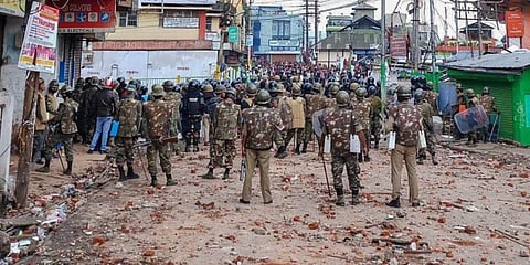 Soldiers guard a street during curfew in Shillong. (Photo | PTI)