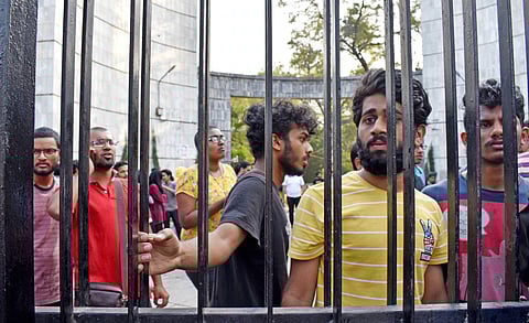 One of the three gates at EFLU locked by the police to prevent students from leaving the campus to take part in a protest against CAA in Hyderabad on Sunday | S Senbagapandiyan