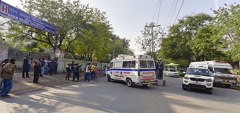 Ambulances carrying the bodies of four men executed at Tihar Jail who were convicted in the Nirbhaya rape and murder case as they are brought for postmortem at the DDU hospital in New Delhi Friday March 20 2020. (Photo | PTI)