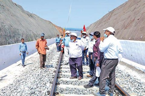 SCR officials inspecting new Piduguralla-Savalyapuram section of Nadikudi-Srikalahasti broad gauge project in Guntur district on Thursday | Express