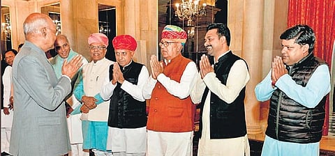 MPs from UP and Rajasthan greet President Ram Nath Kovind during a breakfast hosted by him at Rashtrapati Bhavan; BJP’s Dushyant Singh is on extreme right. (Photo | PTI )