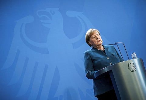 German Chancellor Angela Merkel speaks at a press conference about coronavirus, in Berlin. (Photo | AP)