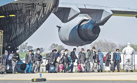 Indians disembark an IAF aircraft after a evacuation mission. (File Photo| PTI)