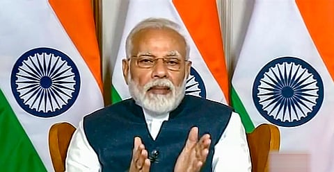 Prime Minister Narendra Modi interacts with media heads through video conferencing on COVID-19 in New Delhi. (Photo | PTI)