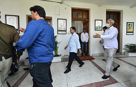 Delhi Chief Minister Arvind Kejriwal arrives to attend the budget session of Delhi Assembly in New Delhi. (Photo | PTI)