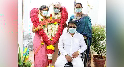 Vijayakanth and his wife Premalatha with the couple. (Photo | Special Arrangement)