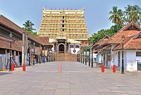 The main pathway of Sree Padmanabhaswamy Temple in Thiruvananthapuram wears a deserted look as the temple authorities restricted the entry of devotees in the wake of Covid-19 scare