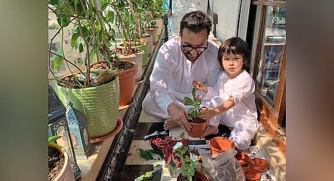 Bollywood actor Saif Ali Khan and son Taimur try their hand at gardening during Covid-19 shutdown