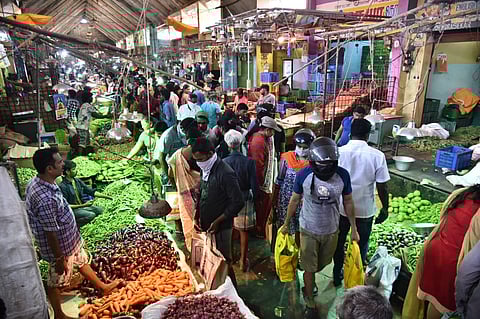 Buyers at Koyambed vegetable market in Chennai on Tuesday (Photo | EPS/P Jawahar)