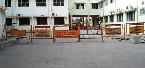 The Coronavirus isolation ward is cordoned off by erecting barricades at the District Headquarters Hospital, Walajapet in Ranipet. (Photo| EPS)