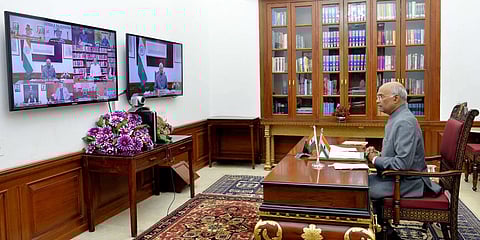 President Ram Nath Kovind along with the Vice-President M Venkaiah Naidu interacts with the Governors, Lt Governors and Administrators of all the States and UTs on issues related to COVID-19, at Rashtrapati Bhavan. (Photo| ANI)