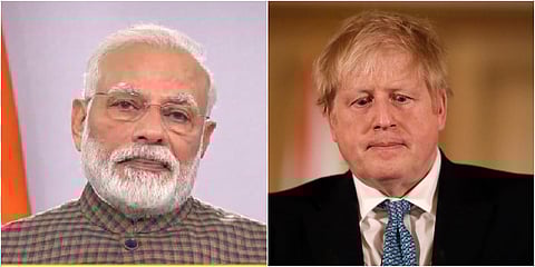 PM Narendra Modi (L) and UK PM Boris Johnson (Photo| Twitter and AP)
