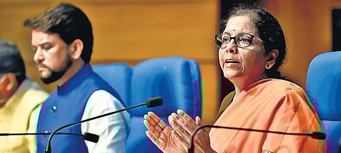 Union Finance Minister Nirmala Sitharaman addresses a press conference to announce a `1.7 lakh crore relief package for poor during the coronavirus lockdown, at National Media Centre in New Delhi on Thursday (Photo | PTI)