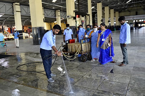 Amidst the coronavirus lockdown, disinfectant being sprayed at Chennai Central Railway Station. (Photo | D Sampath Kumar P/EPS)