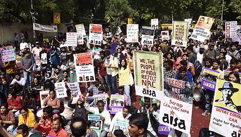 Protestor participates in a demonstration against CAA, NRC and NPR at Jantar Mantar in New Delhi.(Photo | Parveen Negi, EPS)