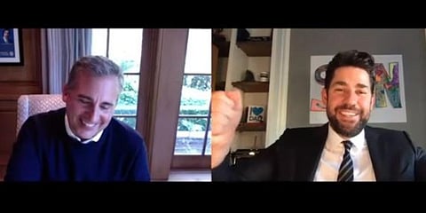 'The Office' co stars John Krasinski reconnects with Steve Carell. (Photo | YouTube Screengrab)