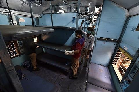 Train bogies being converted into hospital wards in Chennai's Perambur carriage workshop as railways decided to convert the bogies to accommodate the patients in case of emergency requirement. (Photo | P Jawahar, EPS)