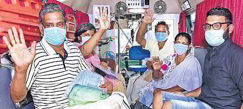 The three members of the Italy-based family and two relatives, who all tested negative, leave the Pathanamthitta General Hospital on Monday | SHAJI VETTIPURAM