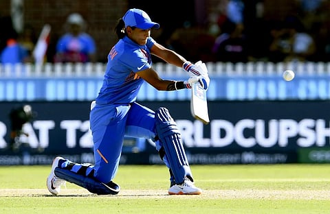 India's Harmanpreet Kaur plays a shot from the Sri Lanka's bowling during their Twenty20 women's World Cup cricket match in Melbourne. (Photo | AFP)