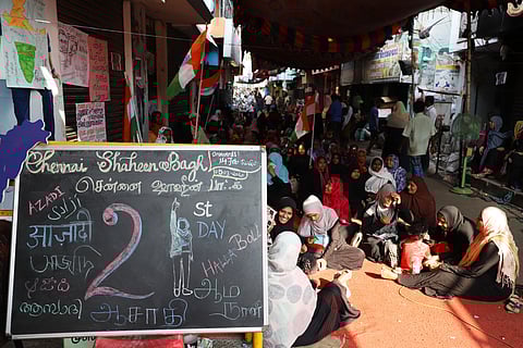 Shaheen Bagh like protests against the CAA continued for the 21st day at Old Washermenpet in North Chennai in chennai on Friday. (Photo | EPS/Rishi Devarajan)