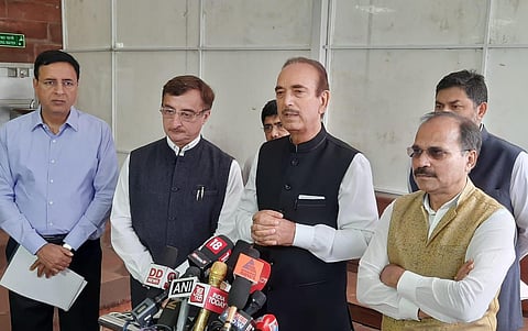 Congress leaders Ghulam Nabi Azad, Adhir Ranjan Chowdhury, Randeep Surjewala and Vivek Tankha addresses the media at Parliament House in New Delhi on Thursday. (Photo | Shekhar Yadav/EPS)