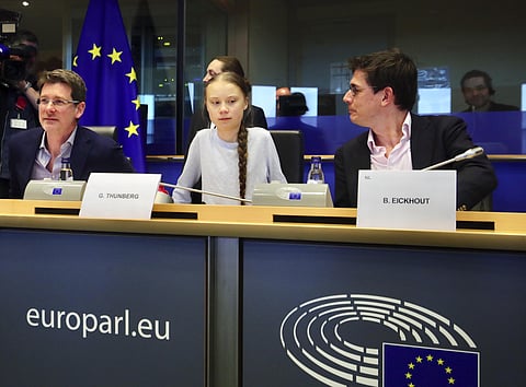 Swedish climate activist Greta Thunberg, center, addresses a meeting of the Environment Council at the European Parliament in Brussels, Wednesday, March 4, 2020. (Photo | AP)