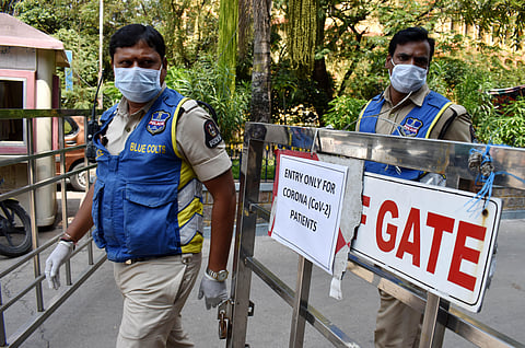 Police deployed at Gandhi hospital following the reports of novel coronavirus outbreak in Hyderabad. (Photo | S Senbagapandiyan/EPS)