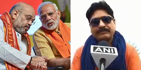 PM Narendra Modi with Home Minister Amit Shah (L) and Bollywood actor Yashpal Sharma (Photo | PTI and Twitter)