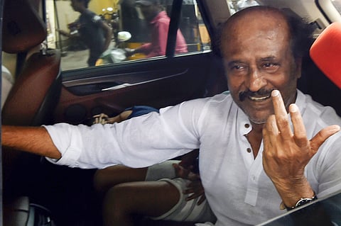 Veteran Actor Rajinikanth leaves after a meeting with members of 'Rajini Makkal Mandram' at Raghavendra Kalyana Mandapam in Chennai, Tamil Nadu. (File Photo | PTI)