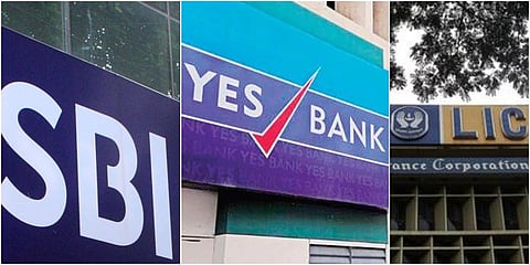 SBI (L), Yes Bank (C) and LIC logos. (File photo| EPS and PTI)