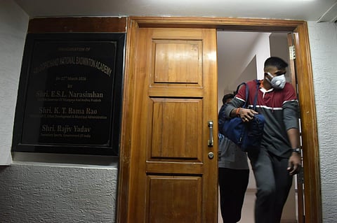 Chirag Shetty and Satwiksairaj Rankireddy leaving Gopichand academy due to the coronavirus scare in Hyderabad.(Photo | Express / S Senbagapandiyan)