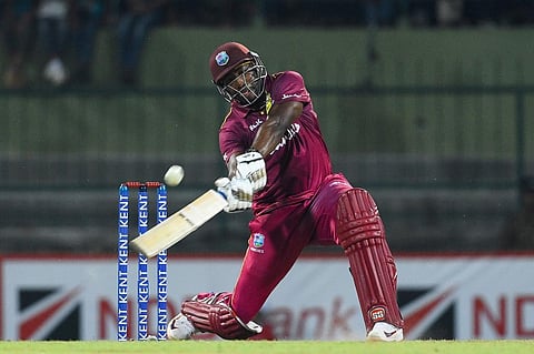 West Indies' Andre Russell plays a shot during the second Twenty20 international cricket match of a two-match series between Sri Lanka and West Indies at the Pallekele International Cricket Stadium in Kandy. (Photo | AFP)