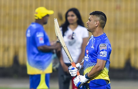 CSK Skipper MS Dhoni during a practice session of the upcoming IPL 2020 at MAC Stadium in Chennai. (Photo | PTI)