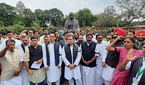 Congress Party led by Rahul Gandhi staging a protest demonstration demanding resignation of Home Minister Amit Shah at Parliament house in New Delhi on Friday. (Photo | Shekhar Yadav/EPS)