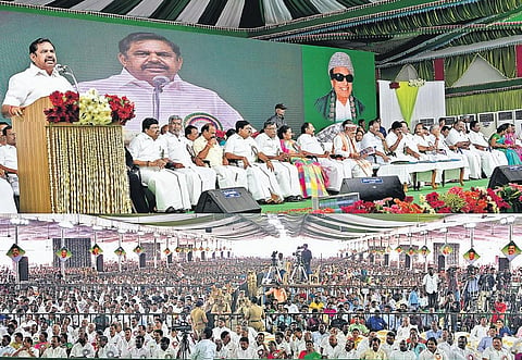 Chief Minister Edappadi K Palaniswami addressing party cadre and public after laying foundation stone for a Government Medical College Hospital in Namakkal on Thursday | special arrangement