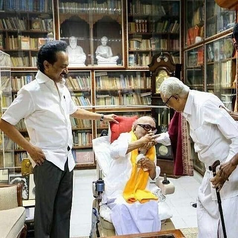 K Anbazhagan (right) with late DMK leader M Karunanidhi and his son and the current DMK chief MK Stalin. (Photo | EPS)