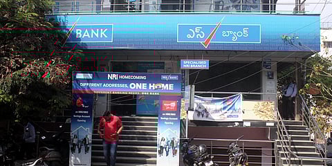 Account holders of Yes Bank are seen at Dilsukhnagar branch in Hyderabad. (Photo| Sathya Keerthi, EPS)