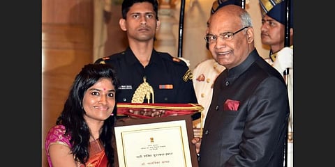 President Ram Nath Kovind presents an award to Malvika Iyer for women empowerment during Nari Shakti Puraskars 2017 function on the occasion of International Womens Day, at Rastrapati Bhawan in New Delhi. (File Photo | PTI)