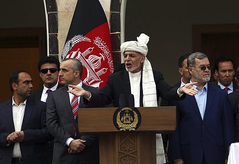Afghan President Ashraf Ghani speaks after a few rockets were fired during his speech at the inauguration ceremony at the presidential palace in Kabul. (Photo | AP)
