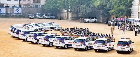 Hyderabad CP Anjani Kumar inspects police patrol vehicles at Nizam College Ground on Saturday. (Photo| S Senbagapandiyan, EPS)