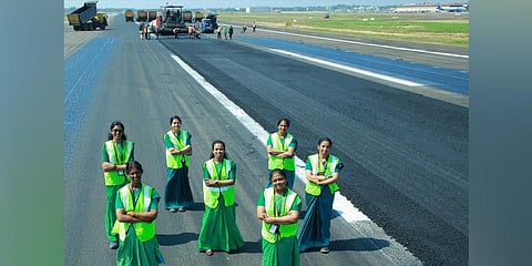 Cochin airport engineering team members T P Usha Devi, Mini Jacob, Pooja T S, Treesa Varghese, P P Sreekala, E V Jessy and Gincy M Paul pose for a photo. (Photo | Express)